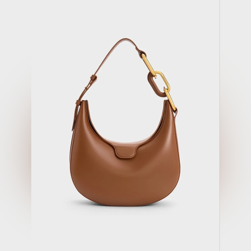 Charles & Keith Kora Metallic-Accent Moon Bag - Chocolate